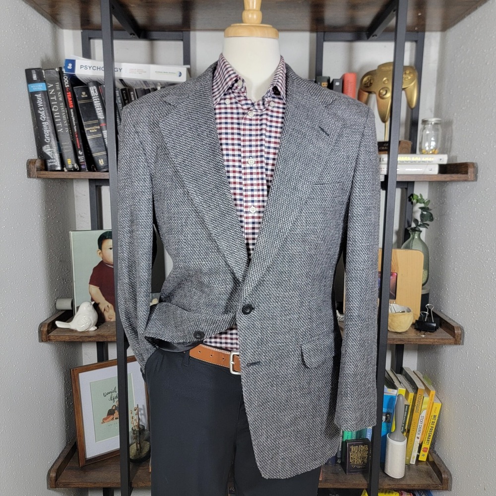 Haggar Men's Tweed Sport Coat Blazer Two Button Gray Poly Wool Silk Blend Sz 42L
